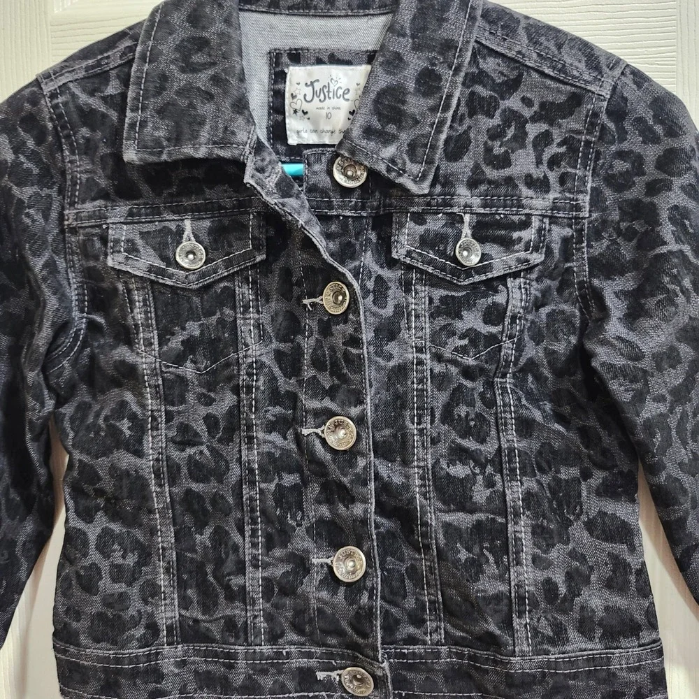 Justice Girls Size 10 Black Grey Leopard Animal Print Denim Trucker Jacket